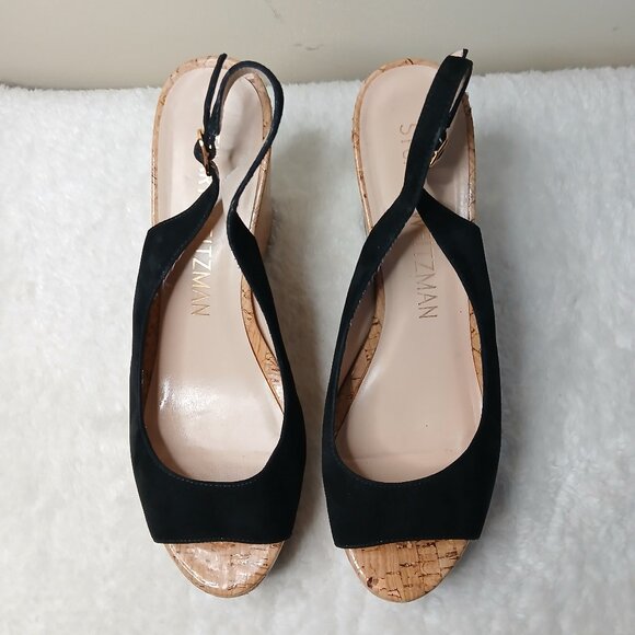 Stuart Weitzman Riveria Platform Wedge Suede Sandals Black Size 8.5 - Picture 7 of 10